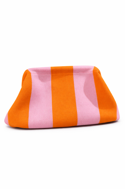 Cartera de mano de tela rosada y naranja